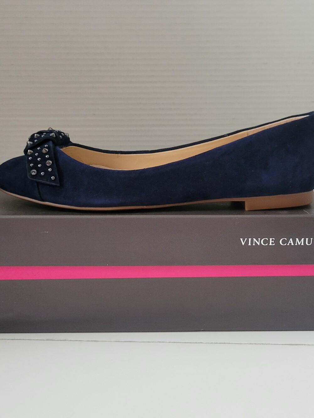 Vince Camuto Navy Suede Studded Bow Ballet Flat, 9.5 M